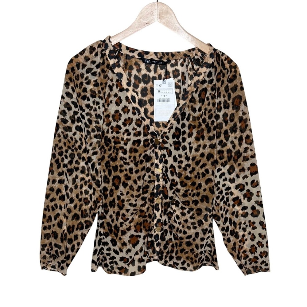 NWT Zara Leopard Print Long Sleeve V-neck Blouse size Medium Brown/Black